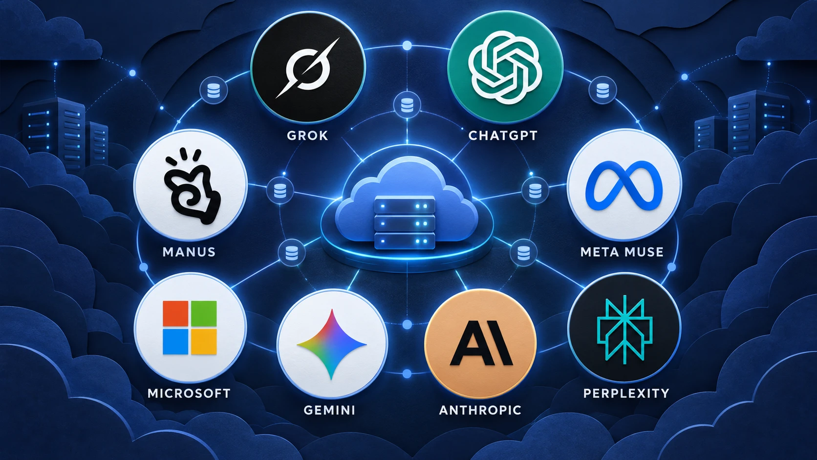 Logo constellation of the AI agent market: Grok, ChatGPT, Manus, Meta Muse, Microsoft, Gemini, Anthropic and Perplexity