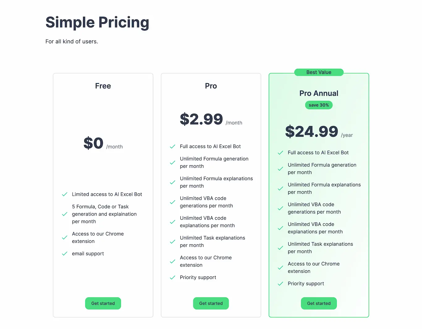 AIExcelBot.com.pricing