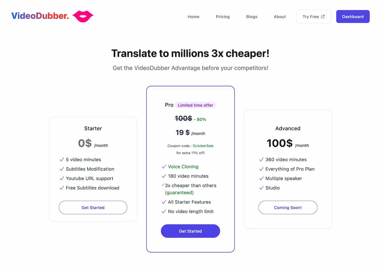 videodubber.ai.pricing