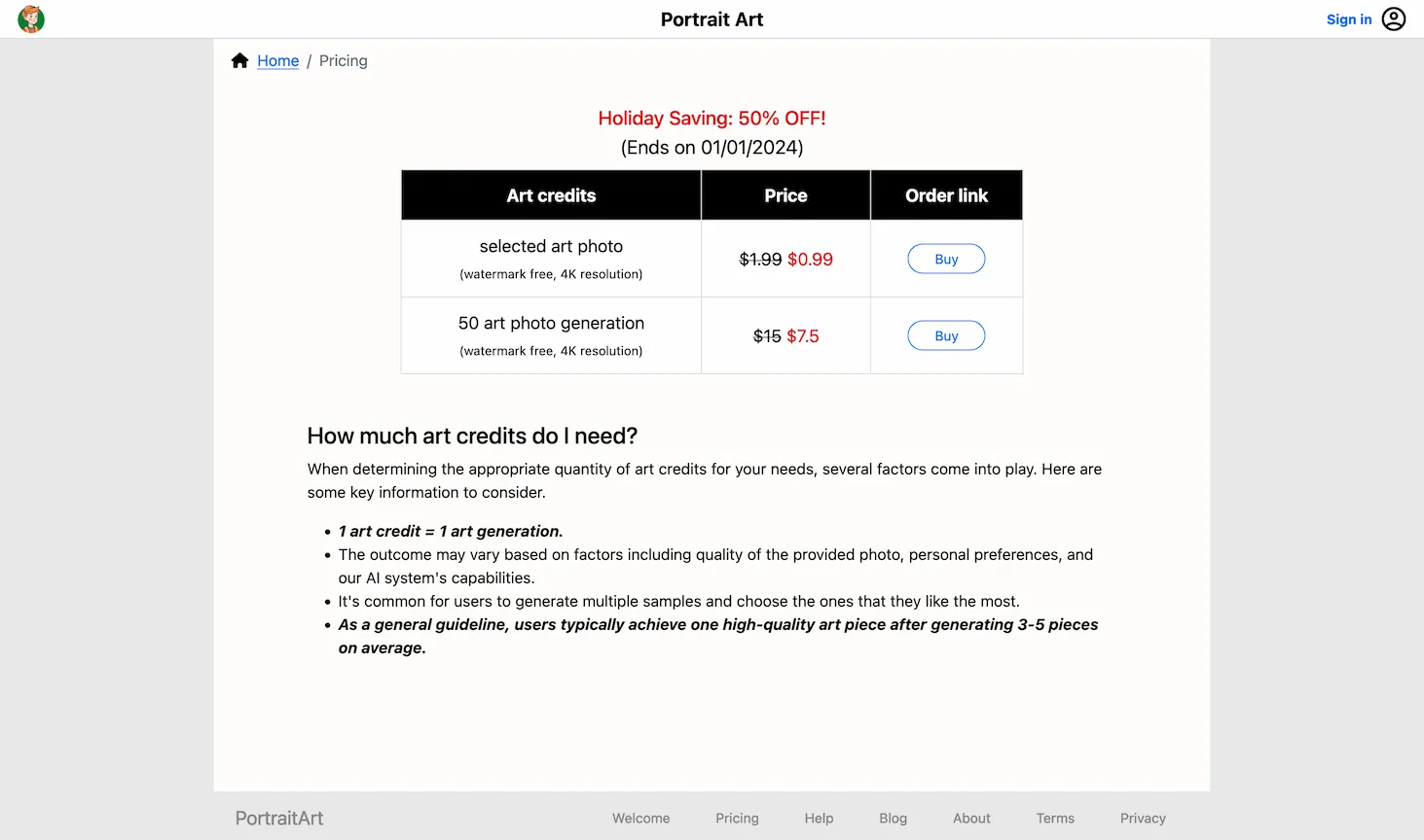 portraitart.app.Pricing Plan 2024