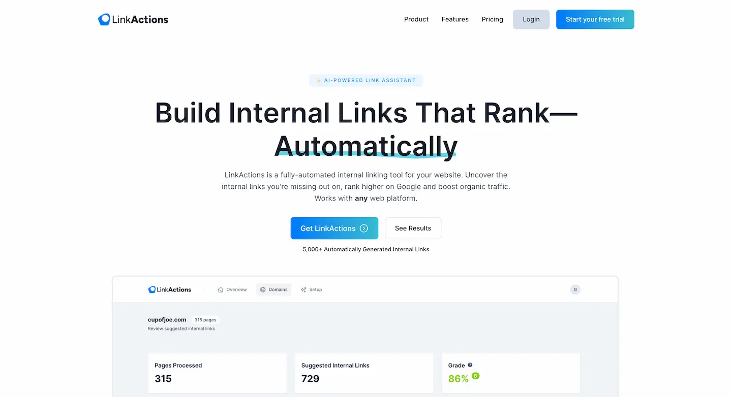 LinkActions - fully-automated internal linking tool screenshot