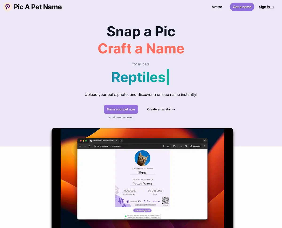 Pic A Pet Name - AI pet name generator screenshot