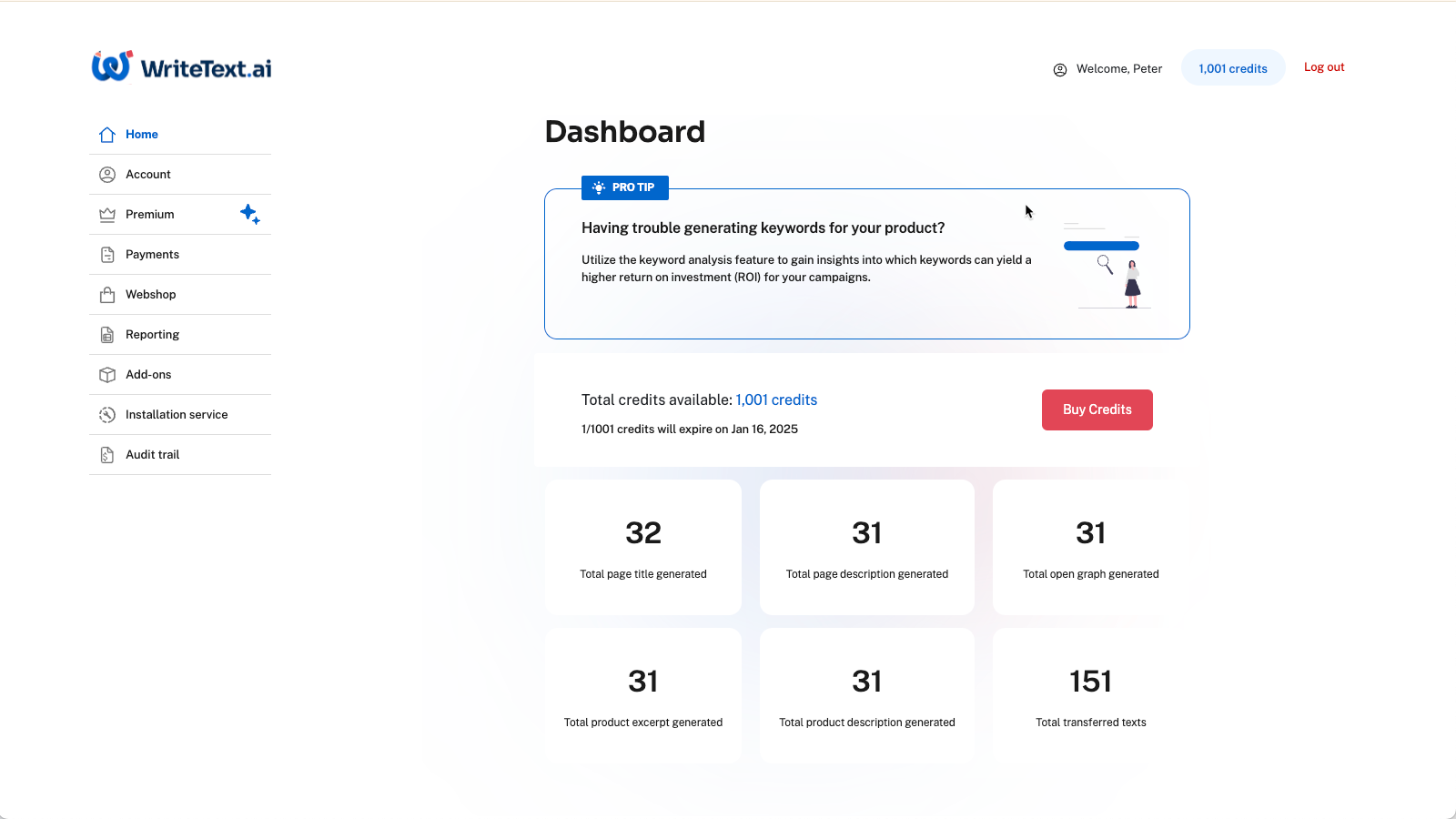 12. Dashboard-WriteText.ai for WooCommerce