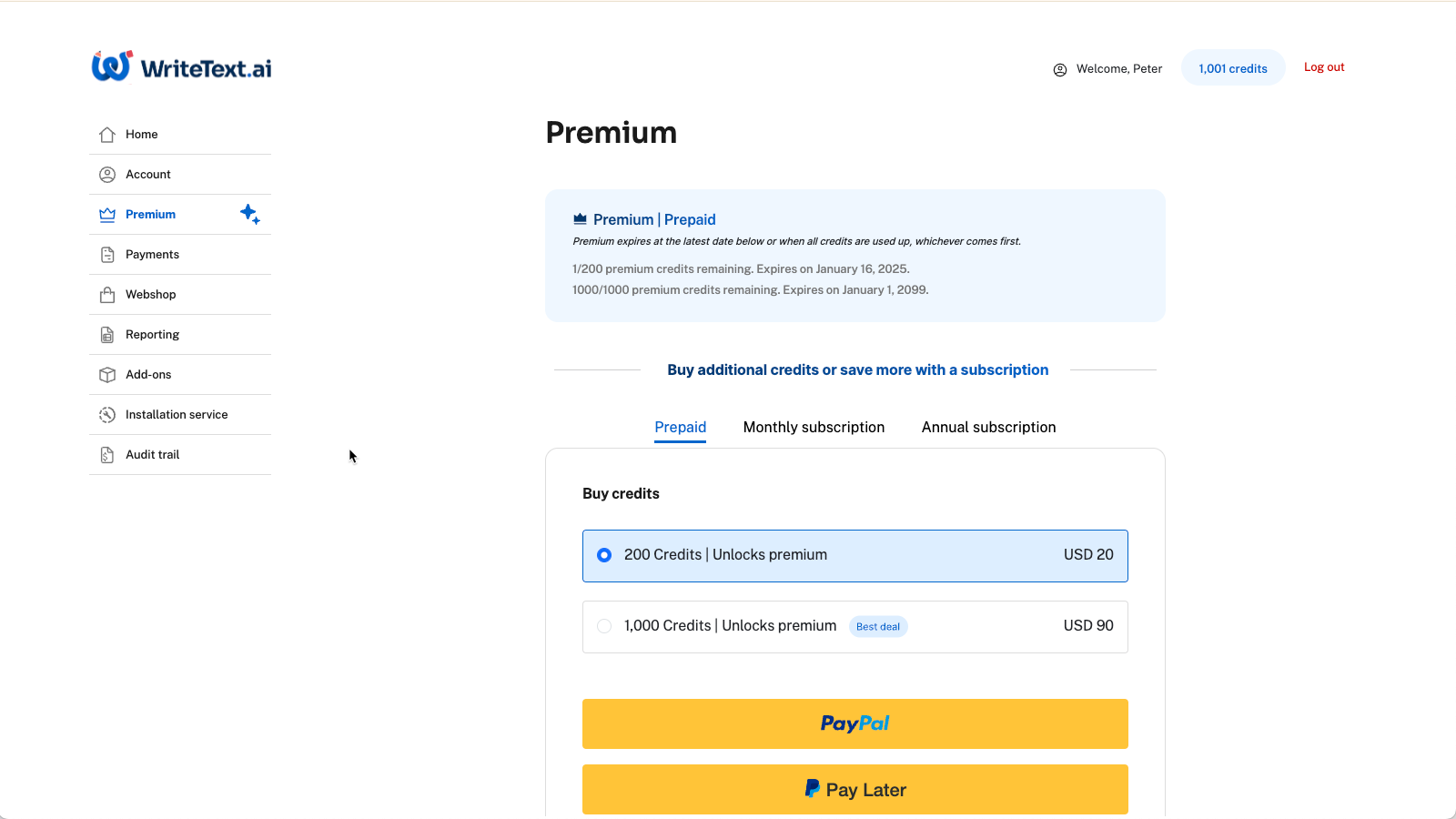 13. Buying Credits-WriteText.ai for WooCommerce
