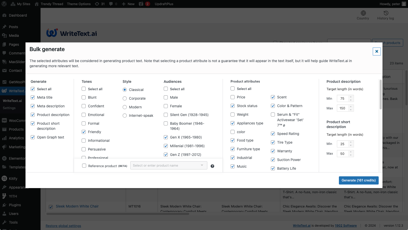 8. Bulk Generate Property Selection-WriteText.ai for WooCommerce