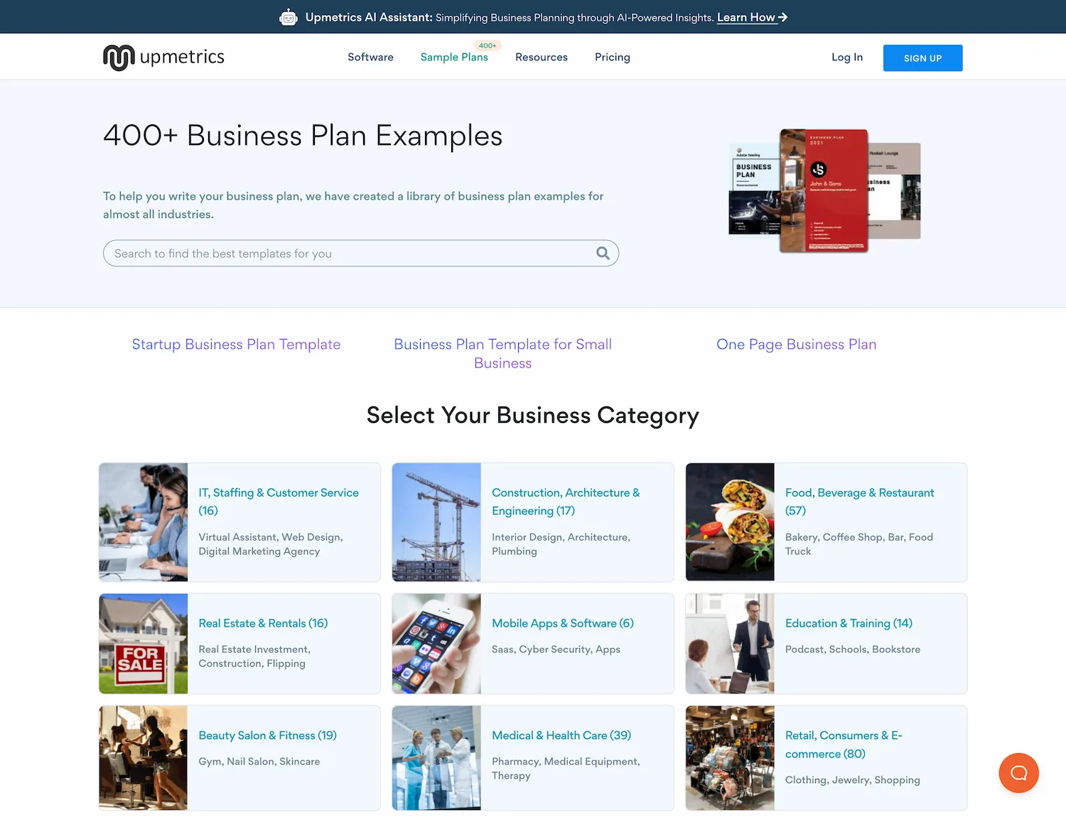 AI business plan generator samples Upmetrics