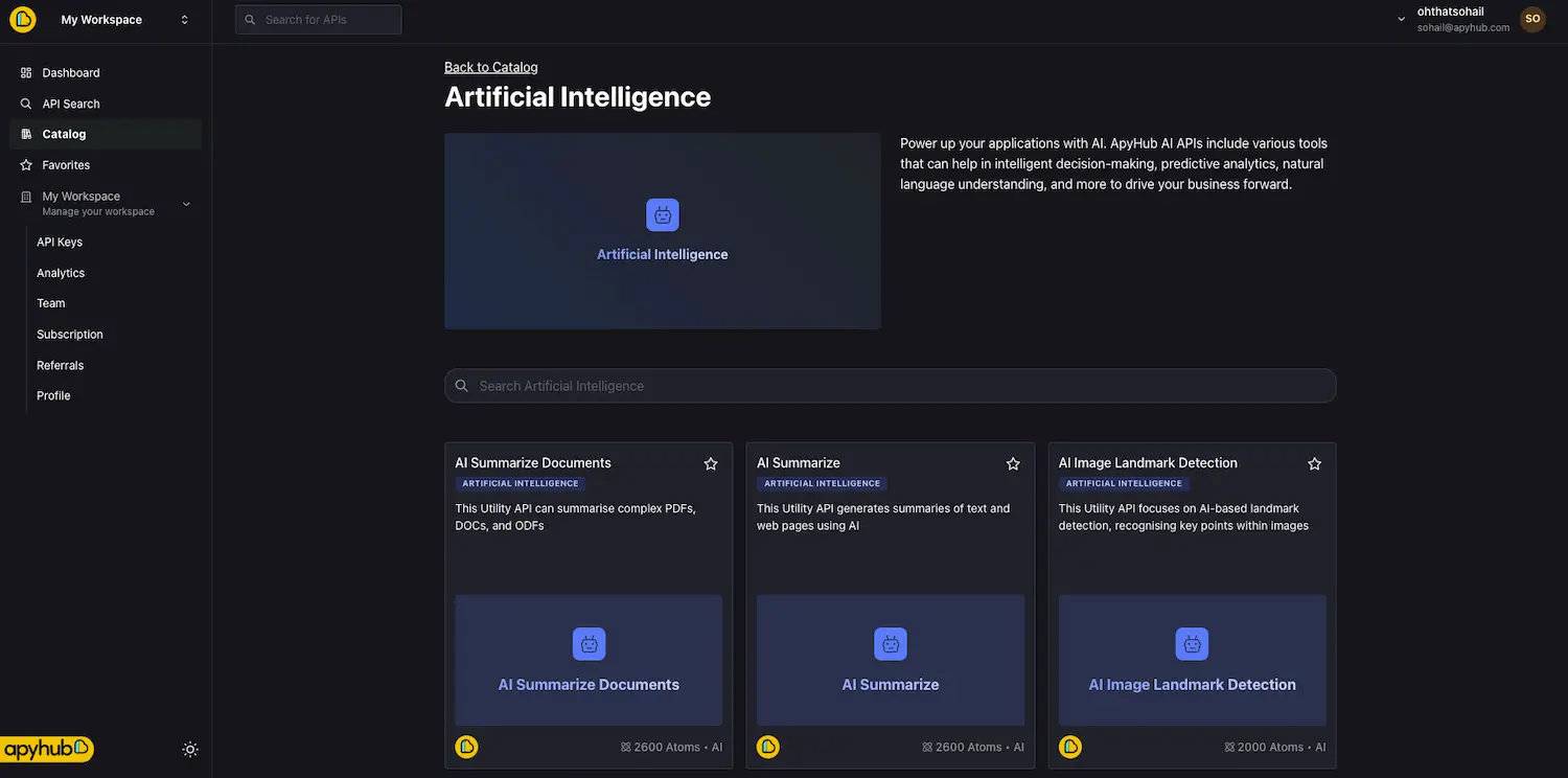 ApyHub API Catalog of AI Applications and AI API Integration
