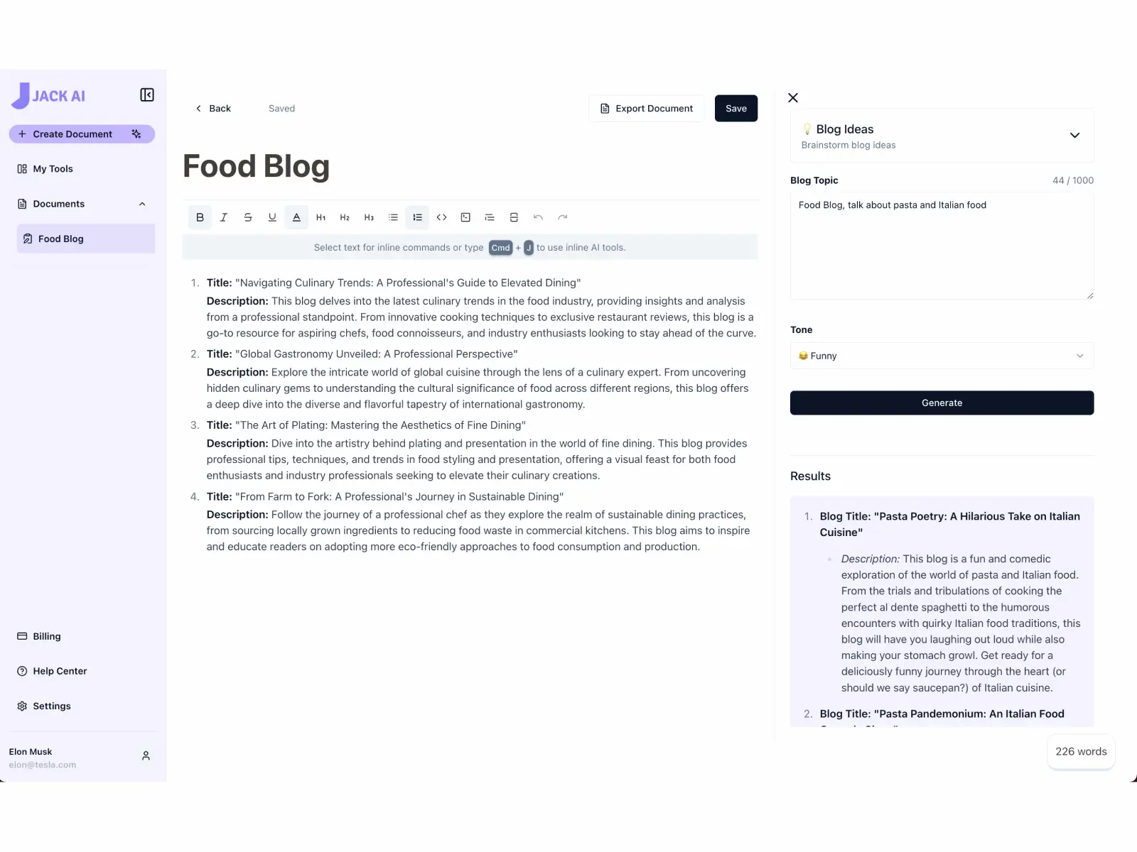 Jack AI marketing AI copywriting dashboard