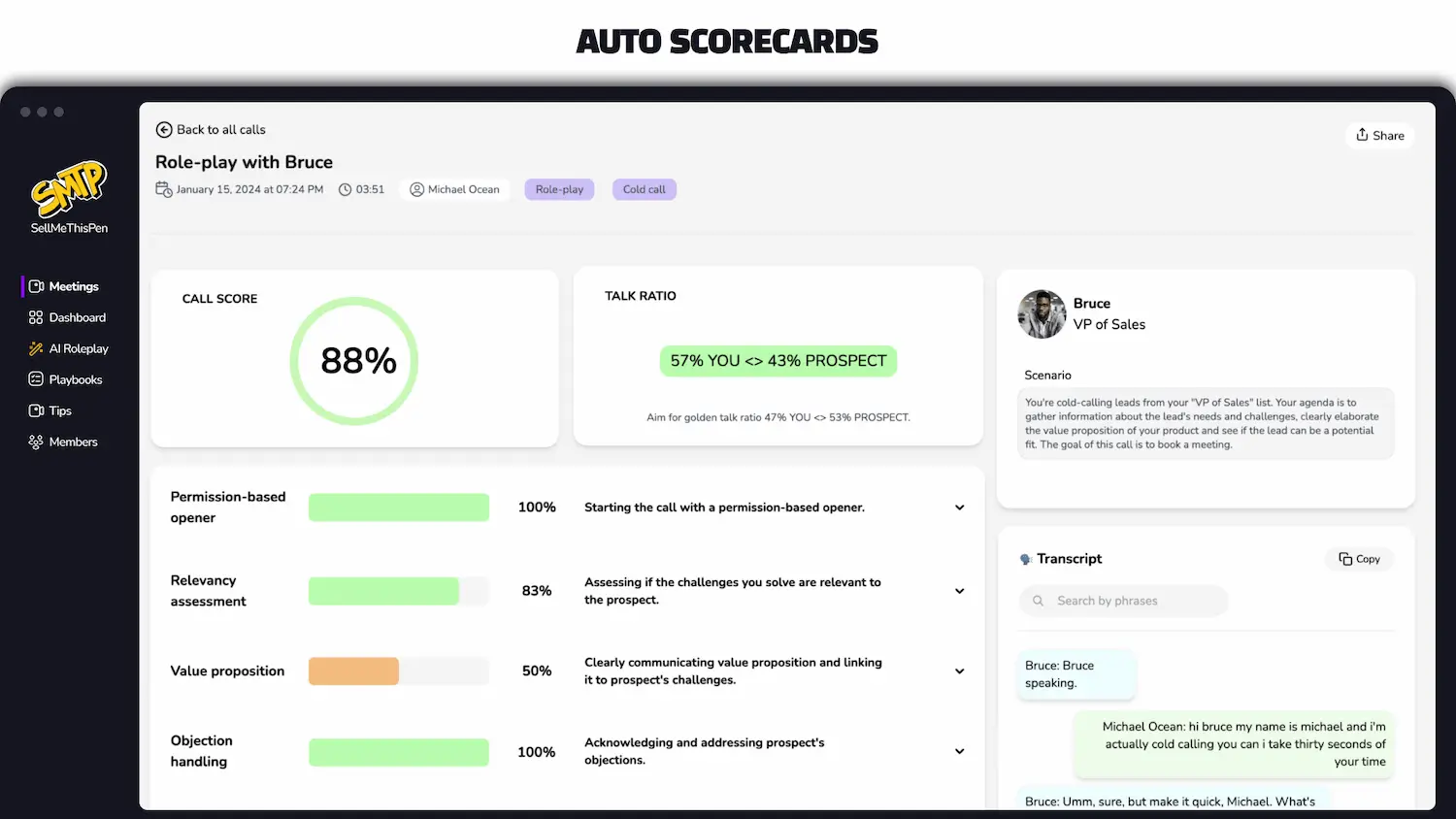 SellMeThisPen AI sales coaching auto scorecards