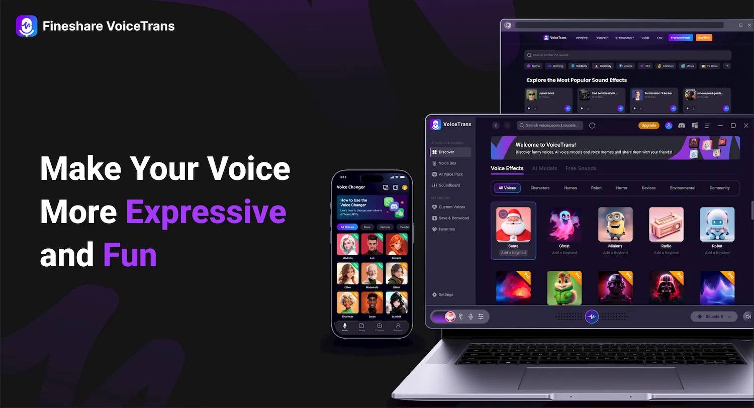Fineshare VoiceTrans is an AI voice changer & Soundboard tool