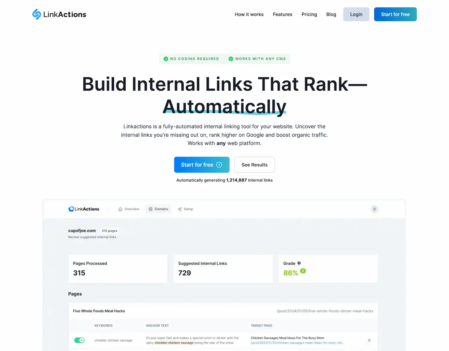 Linkactions - automated internal linking tool screenshot