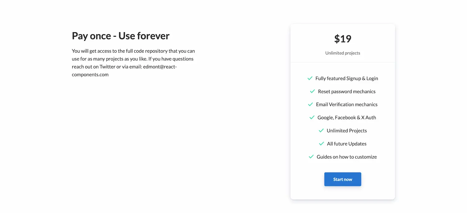 signup login react components dev pricing plan