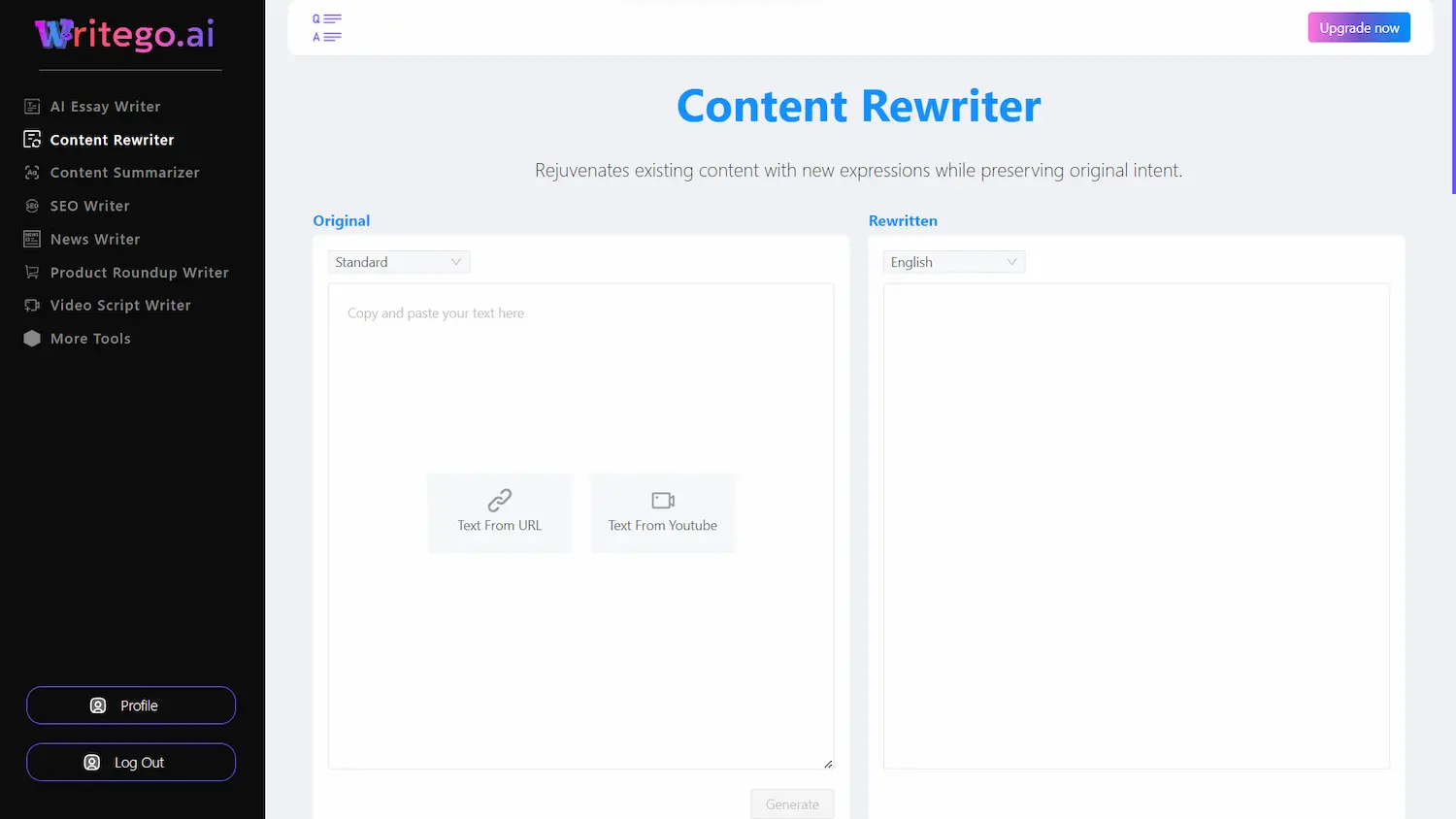 writego.ai best AI Writer Content Rewriter Dashboard