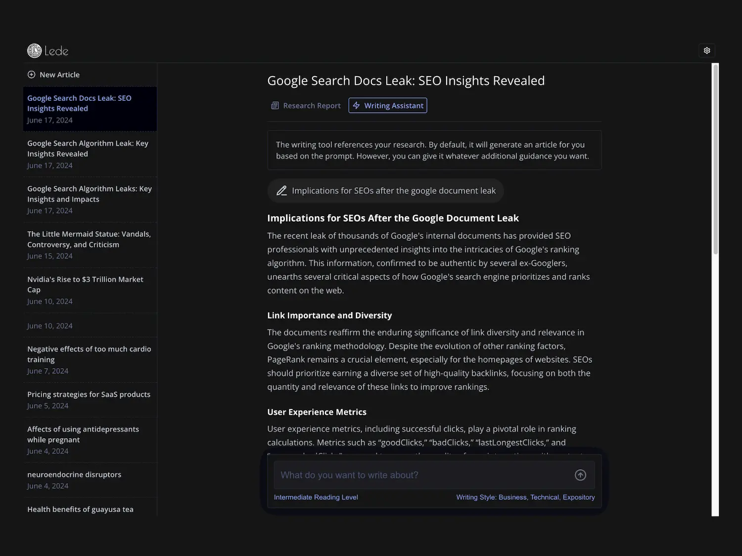 Lede in dept content dashboard