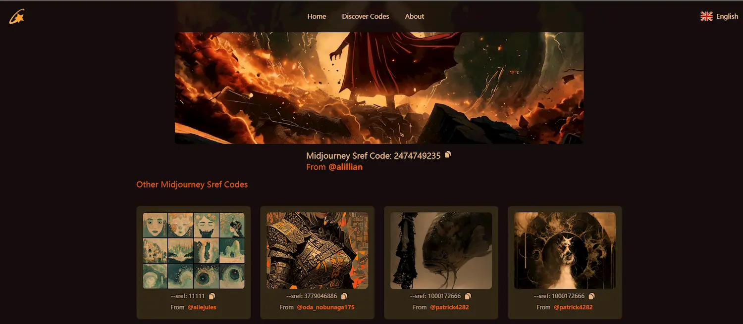 SrefHunter - Midjourney style codes library screenshot