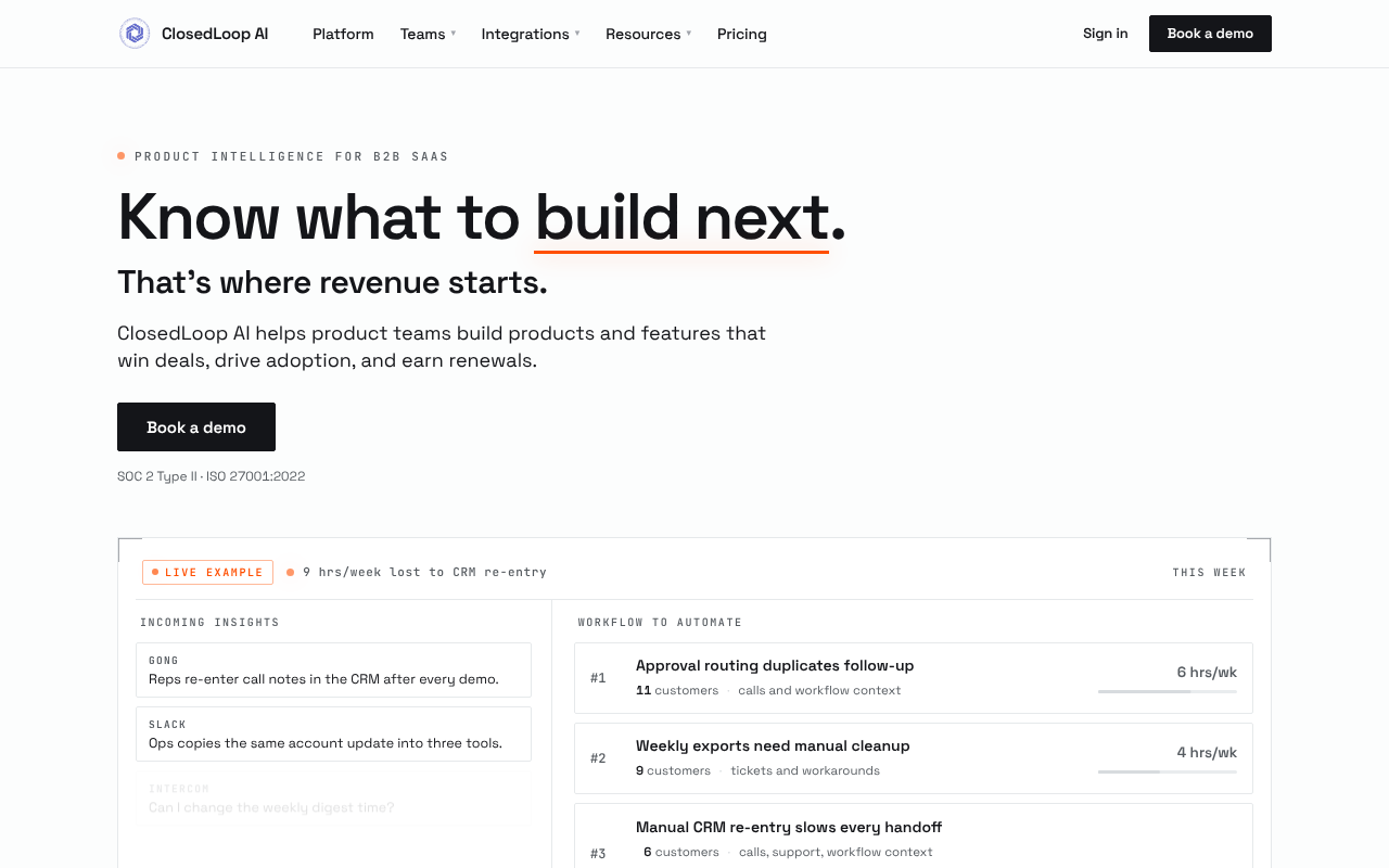ClosedLoop AI product intelligence platform homepage