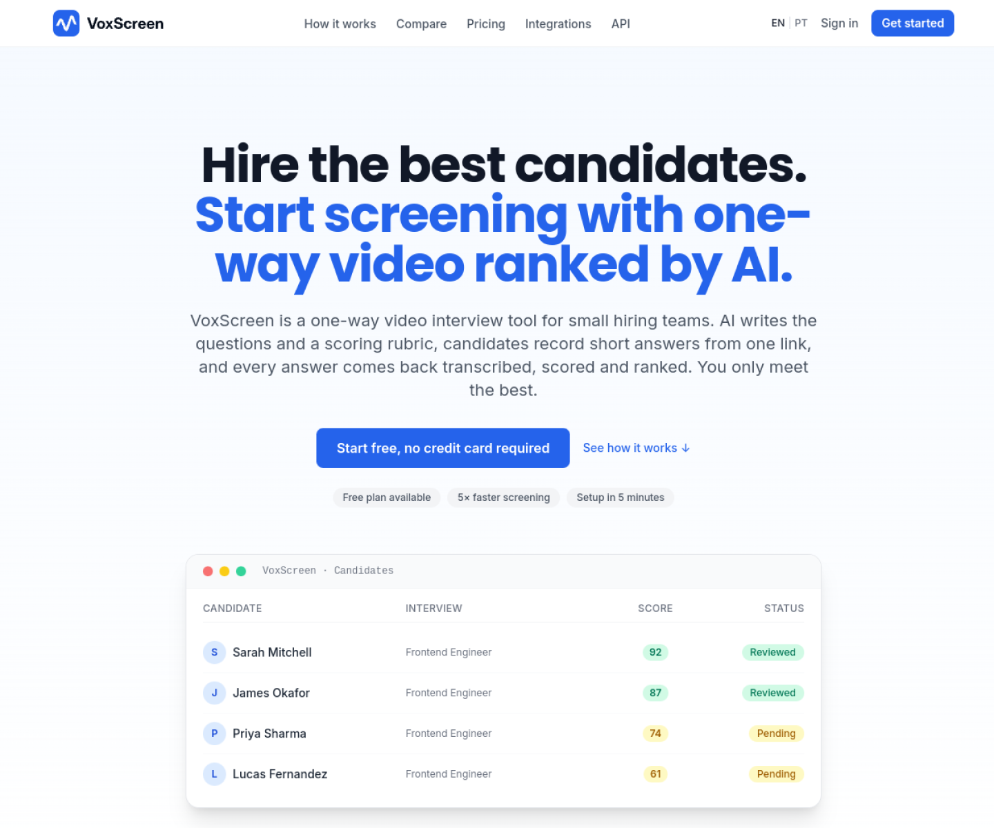 VoxScreen homepage showing its one-way video interview workflow